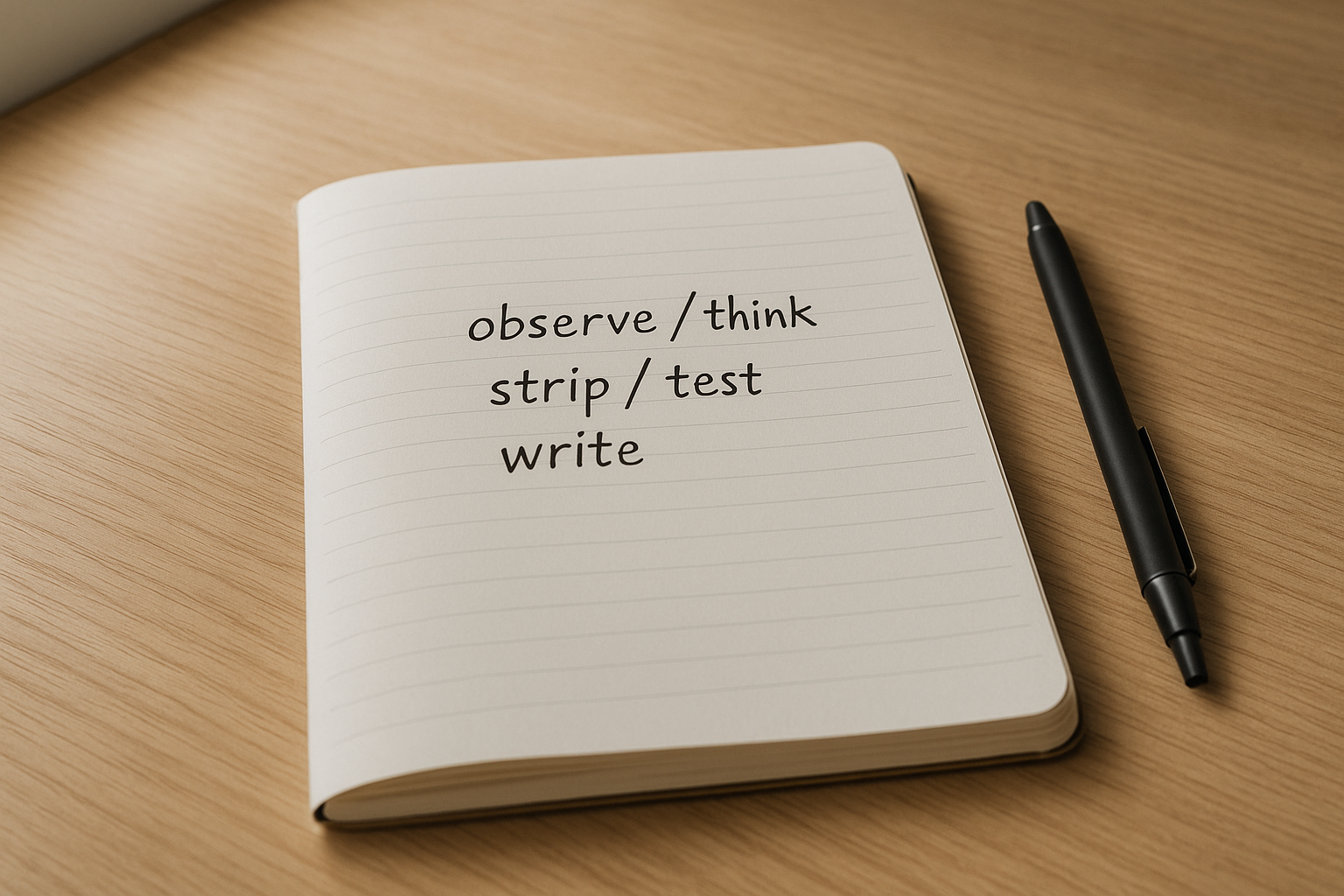 Open notebook with a short handwritten checklist: observe, think, strip, test, write