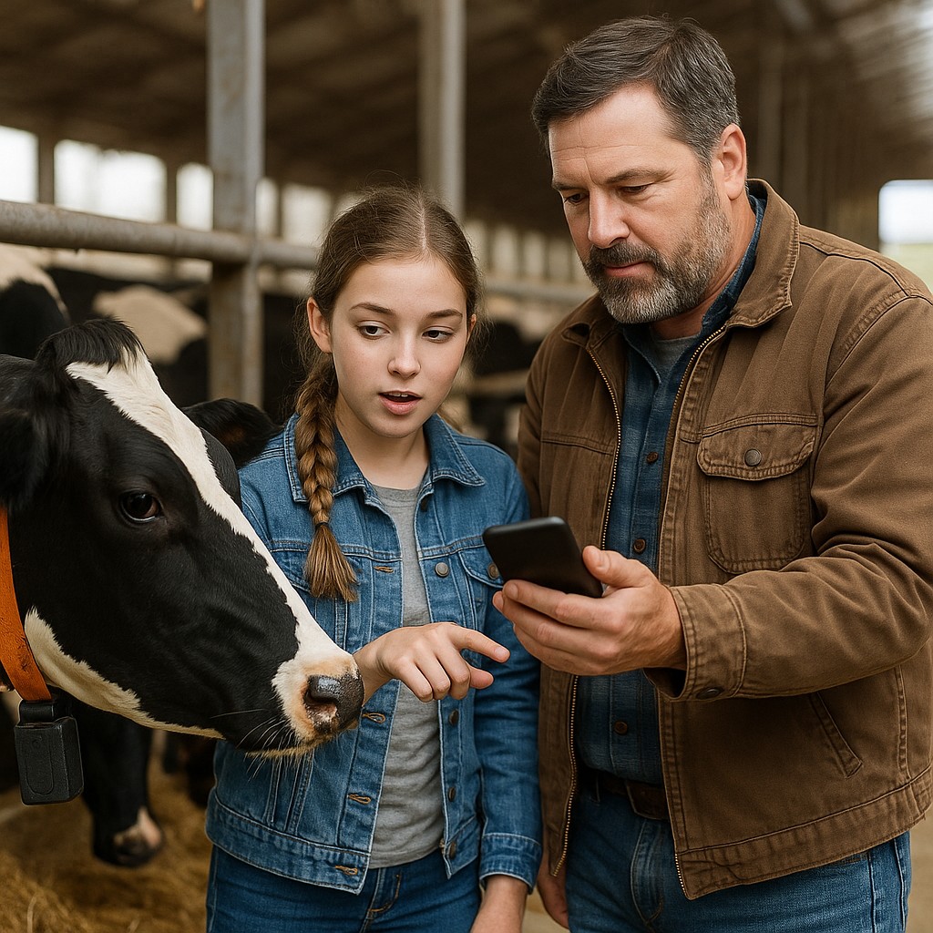 Father and daughter in a dairy barn looking at a phone while a cow wearing a monitoring collar stands nearby