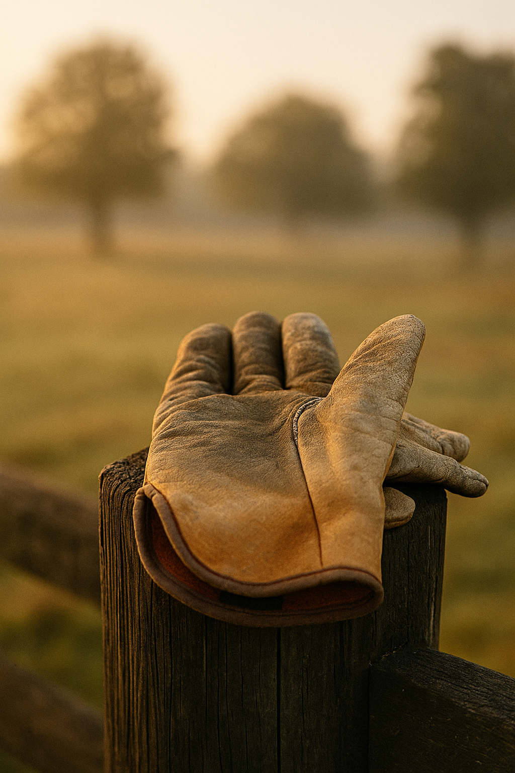 Worn leather work gloves resting on a fence post at sunrise